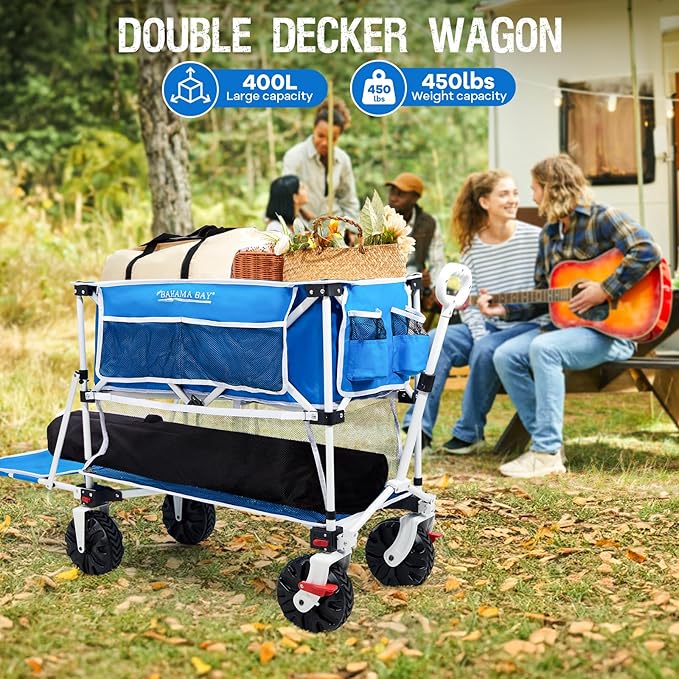 Old Bahama Bay 400L Collapsible Double Decker Beach Wagon with Brakes, Folding Beach Cart with 54" Extra Long Decker, 450LBS Heavy Duty Wagon Chart with All-Terrain Big Wheels for Sand Camping Garden