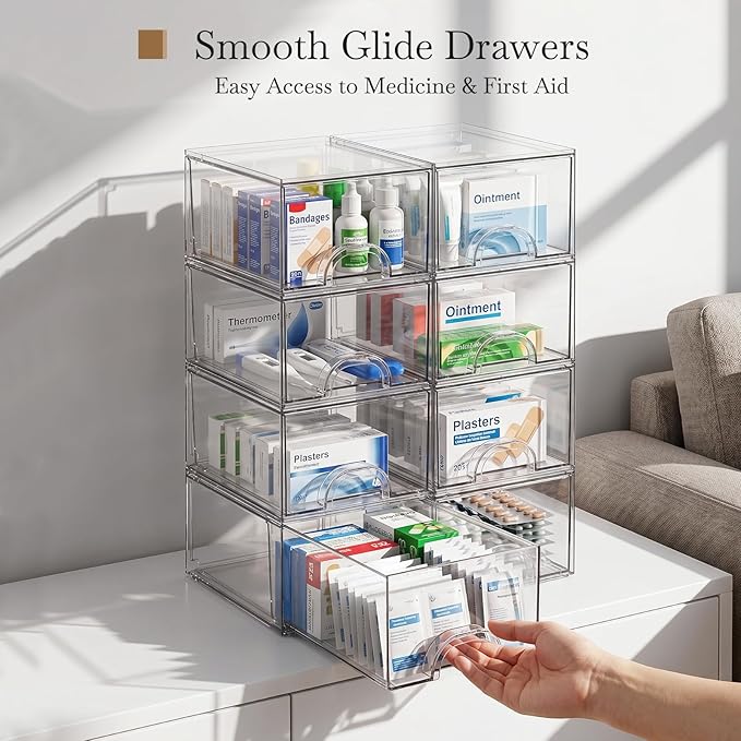 8 Pack Small Clear Stackable Acrylic Storage Boxes & Drawers | Storage Organizer, Clear Plastic Makeup Organizer, Ideal for Vanity, Cabinet, Desk Organization, Art Tool & Sketch