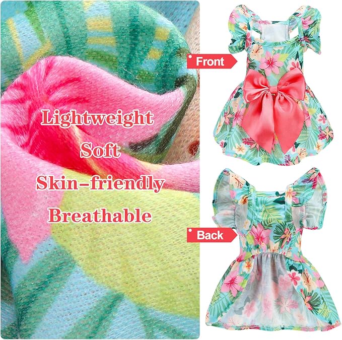 Dog Dress with Sleeve Ruffles, Floral Pet Dresses with Bow Tie for Small Meduim Dogs Puppy Cats Girl, Cute Princess Dog Dresses Skirt Clothes Outfits for Spring Summer, Green S
