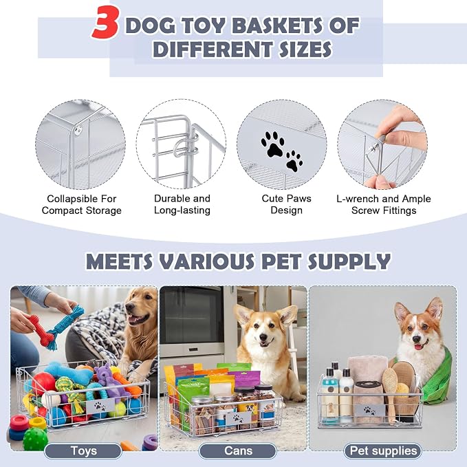 3 Pack Metal Dog Toy Baskets Multi-sized Foldable Dog Toy Bins Box Storage Container Organizer for Living Room Area Decorative Pet Accessories Coat Clothing Storage Holder Baskets(Silver)