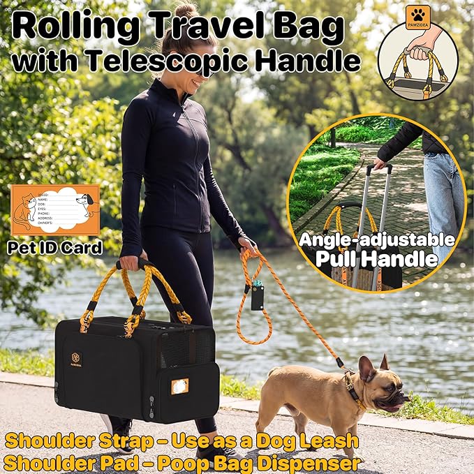 PAWZIDEA Expandable Pet Carrier with Wheels, TSA Airline Approved, Up 18lbs | 18x11x11 Underseat, Rolling Soft-Sided Carrier for Large Cats & Small Dog Travel Bag, Self-Locking Zippers, Telescopic Handle