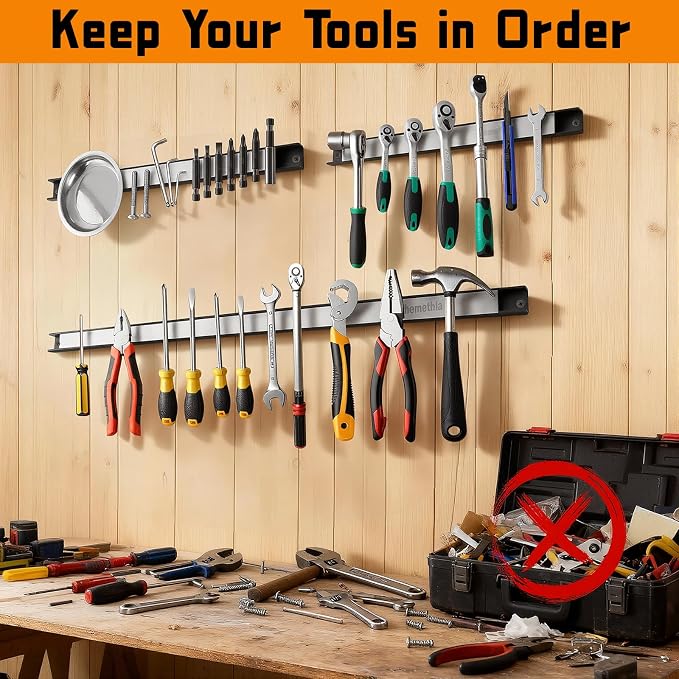 18" Magnetic Tool Holder Strip, 6 Pieces Silver Metal Tool Organizer Rack with Stainless Steel Surface, Magnet Bar for Garage Workshop, Easy To Install with Mounting Screws