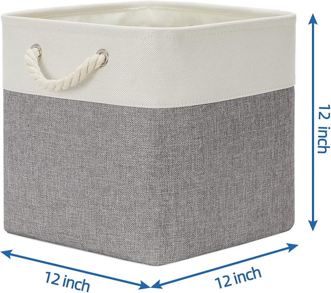 Temary Fabric Baskets 12 Inch Storage Cubes Basket with Handle, Clothes Baskets for Gift, Large Bins for Organizing Books, Blankets (White&Gray)