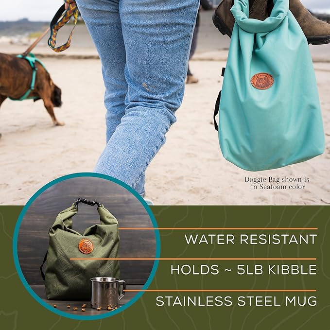 Wilderdog Doggie Bag - Water Resistant, Portable Kibble Carrier & Stainless Steel Mug - Olive