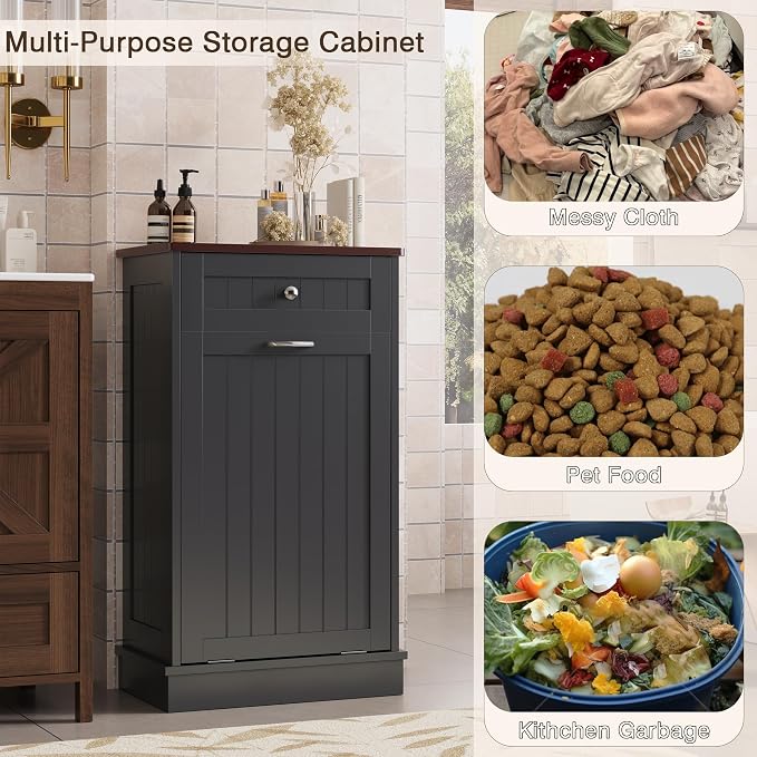 KIGOTY Tilt Out Trash Can Cabinet, Laundry Hamper Cabinet, Kitchen, Black