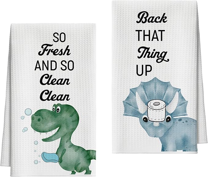 Bath Towels Set of 2, Cute Funny Dinosaurs Dish Towel for Bathroom Spa Kitchen, Decorative Hand Towels, Fast Drying Tea Towel, Housewarming Xmas Gifts for Dinosaurs Lover Women Mom -B32