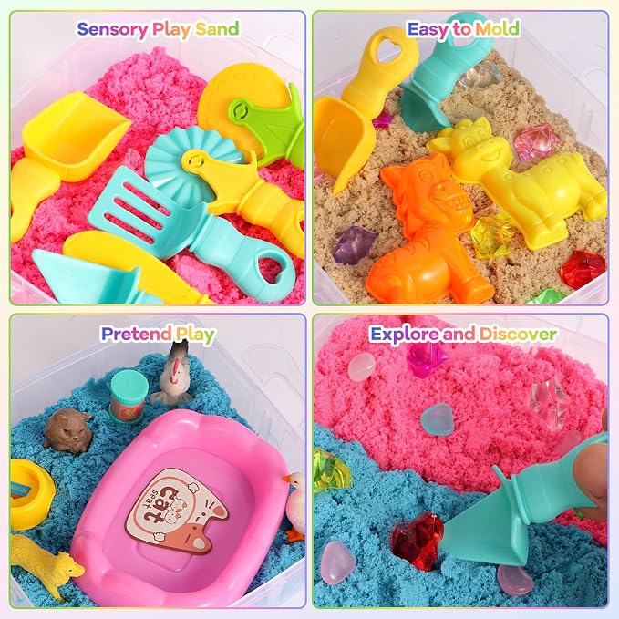 Farm & Pet Sensory Bin, Stackable Sandbox for Toddlers, Kids Play Sand Toys with Sensory Sand, Farm Figures & Pet Accessories, Birthday Gift for Girls Boys 3 4 5 6 Years Old