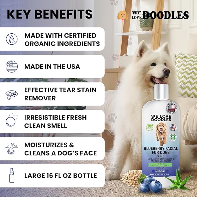 Blueberry Facial Dog Shampoo - Dog Tear Stain Remover, Brightens & Whitens Coat, Cleans & Deodorizes, Tearless, 16:1 Concentrated, 16 oz [We Love Doodles]