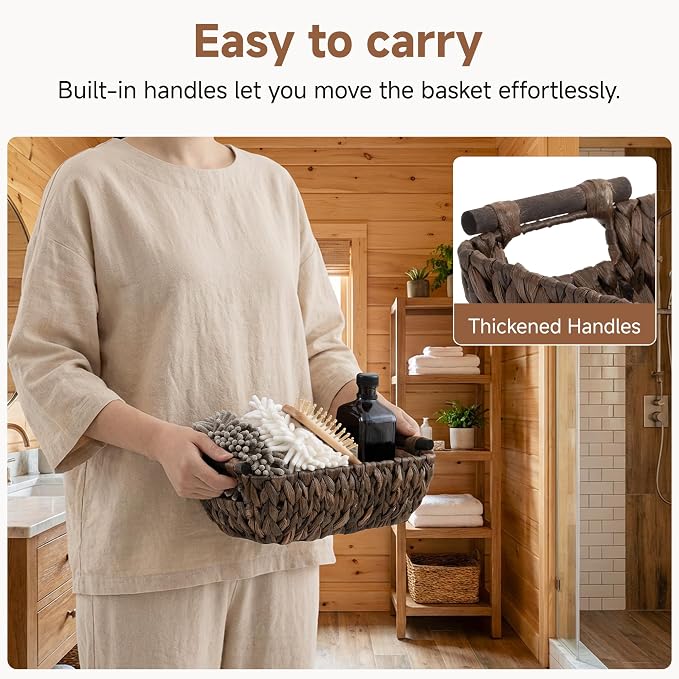StorageWorks Small Wicker Baskets, Decor Storage Baskets, Water Hyacinth | Wicker Storage Baskets for Shelves, Baskets with Wooden Handles, 2-Pack Gifts Basket for Home Decor, Hand-Woven Basket