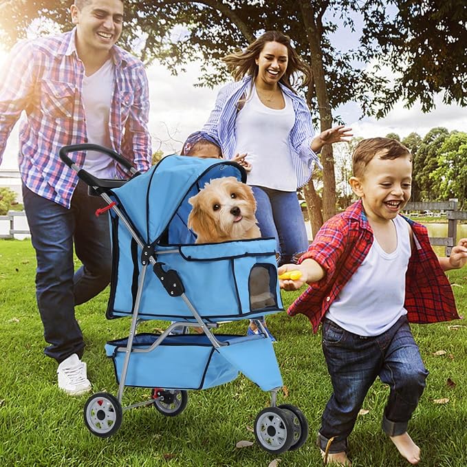 Dog Cart, 3 Wheels Pets Stroller, Folding Carrier Waterproof Puppy Stroller with Cup Holder & Removable Liner, Dog Strollers for Small Dogs, for Small and Medium Pets (Blue)