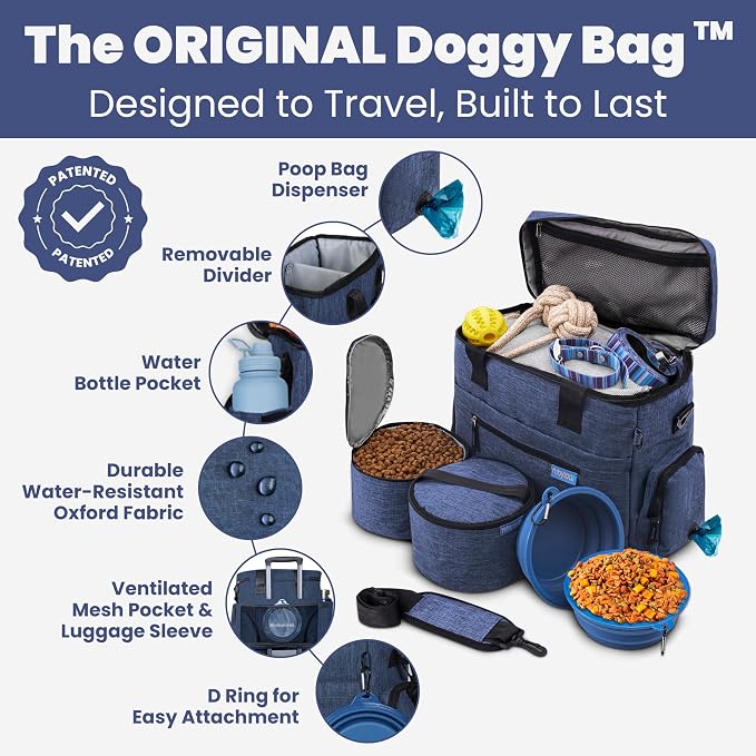 Original Doggy Bag™ Dog Travel Bag for Supplies with Travel Bowls | 2 BPA-Free Collapsible Bowls, 2 Pet Food Containers, TSA-Ready, Road Trips, Camping, Weekend Getaways, Doggy Gift, Navy