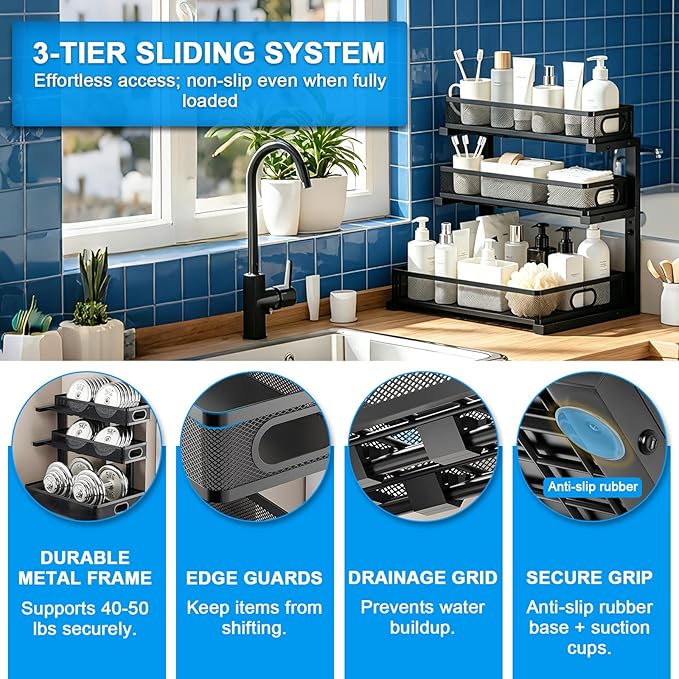 Under Sink Organizer,3-Tier Thickened Metal Pull out Cabinet OrganizerShelf | Height Adjustable Slide out Storage Drawer Rack for under sink organizer bathroom Kitchen,Laundry Room & Pantry