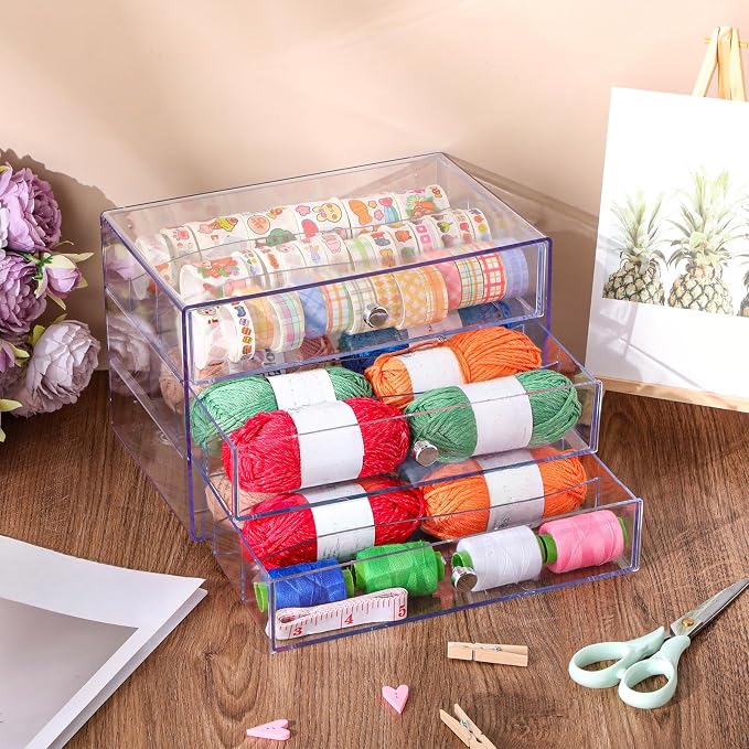 Wonderjune 2 Pack 3 Drawer Clear Washi Tape Organizer Acrylic Storage Box | 10 x 7 x 6.8 in, Divided Drawers, Clear Plastic Cube, Visible Storage for Craft Tape, Jewelry, Makeup Supplies