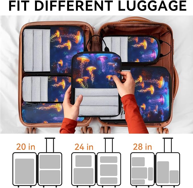 Jellyfish 6 Set Compression Packing Cubes Ocean Animal Expandable Packing Organizer for Travel Accessories Luggage Suitcase Bag