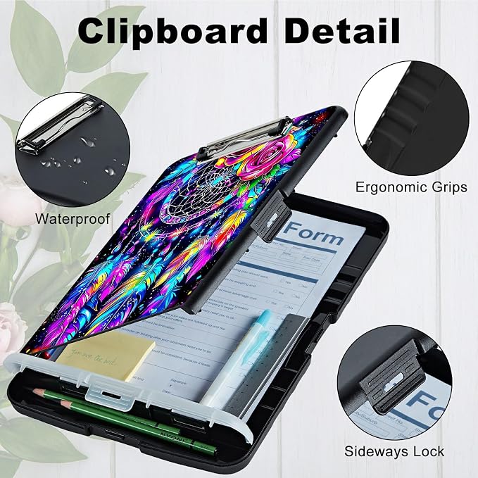 Artistic Dreamcatcher A4 Clipboard with Storage Pen Holder, Clipboards Organizer Nursing Clipboard Foldable File Folder Plastic Clipboard Folio Clip Board for Office Students Classroom