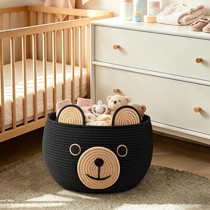 CherryNow Large Baby Basket for Gifts Empty, Cute Bear Design, Black | 15.7" x 10.5" Baby Shower Basket for Kids Boys Newborn Storage, Woven Rope Toy Basket, Fits Living Room Nursery Décor