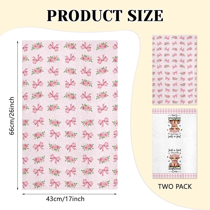 Highland Cow Kitchen Towels Set of 2 - Absorbent Dish Towels for Kitchen Drying, Cute Cow Dishcloths with Pink Bow Design, Decorative Dish Towels, Housewarming Gifts for Women Cows Lovers