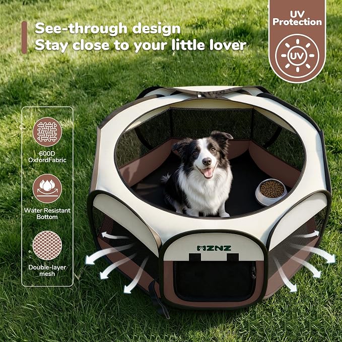 Dog Cat Small Animal Puppy Playpen Crate, Large, Brown | Portable Pop Up Pet Cage Enclosure Tent Kennel Indoor Outdoor with Carrying Case, No Assembly, Camping Use