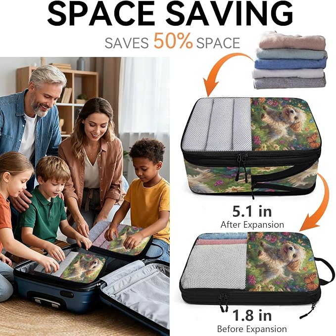 Cute Dog 6 Set Compression Packing Cubes Puppy Expandable Packing Organizer for Travel Accessories Luggage Suitcase Bag