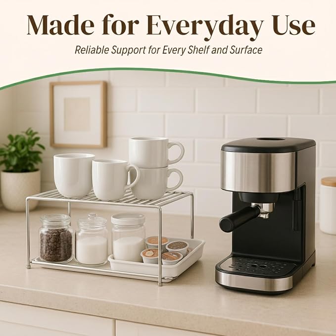 Evelots Wire Shelf Organizer Set, Large Metal Cabinet Risers, 4-Pack Chrome | Four large rustproof metal shelf organizers create extra storage space in kitchen cabinets, pantries, freezers and bathrooms.