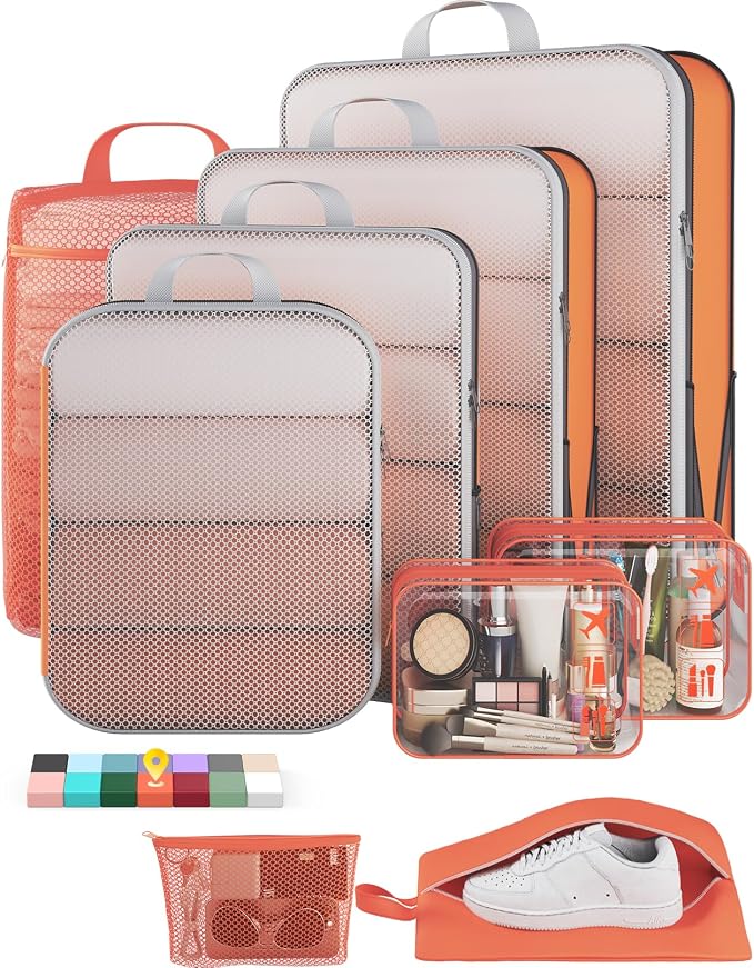 Veken 9/11 Set Compression Packing Cubes Garment Bags for Travel Essentials,Compressible Expandable Luggage Organizer Bags for Clothing,Space Saver Bags with Over 1000 pcs of Mesh Holes(Orange)
