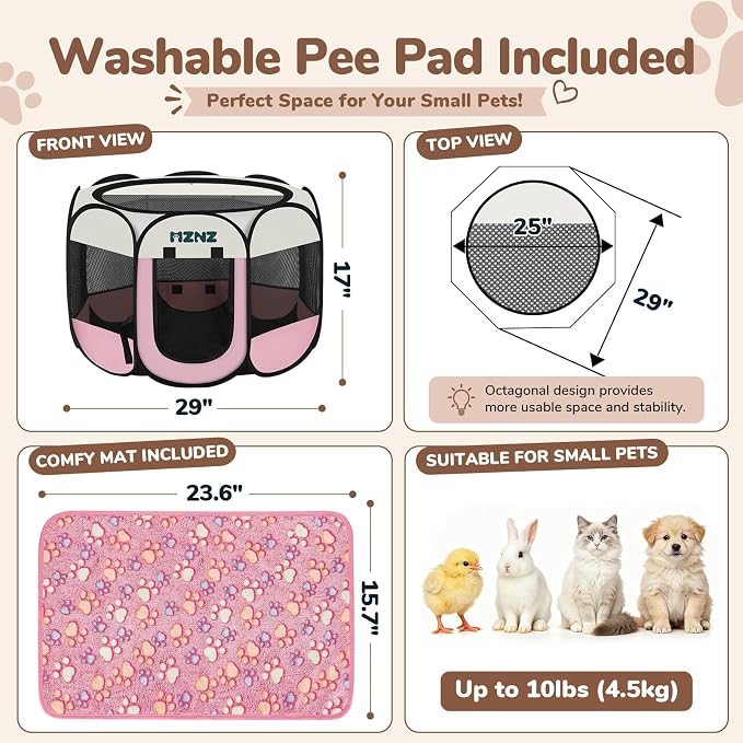 Dog Cat Small Animal Puppy Playpen Crate with 3 Blankets, Small, Pink | Portable Pop Up Pet Cage Enclosure Tent Kennel Indoor Outdoor with Carrying Case, No Assembly, Camping Use