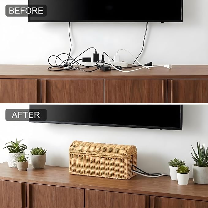 Rattan Cable Management Box, Ventilated Cord Hider with Flip Lid
