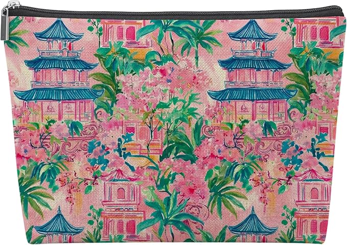 Pink Blue Chinoiserie Pagoda Empty Mahjong Tile Bag 13x7.8 Inch | Green Tropical Printed Portable Travel Case Organizer Zipper Pouch for American Mahjong Tiles Game Night Accessories andGifts