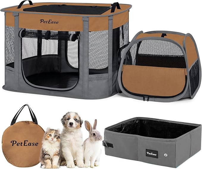 Portable Cat Playpen with Litter Box, Cat Enclosure for Camping, Cat Recovery Playpen After Surgery, Foldable Indoor Outdoor Pet Tent for Cats Rabbits Puppies (Brown)