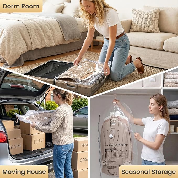 TAILI Hanging Vacuum Storage Bags for Clothes,4 Combo with Pump | Vacuum Seal Bags for Clothing Travel, Electric Pump, Winter Clothes Storage Closet Organizers, Coats, Suits and Jackets