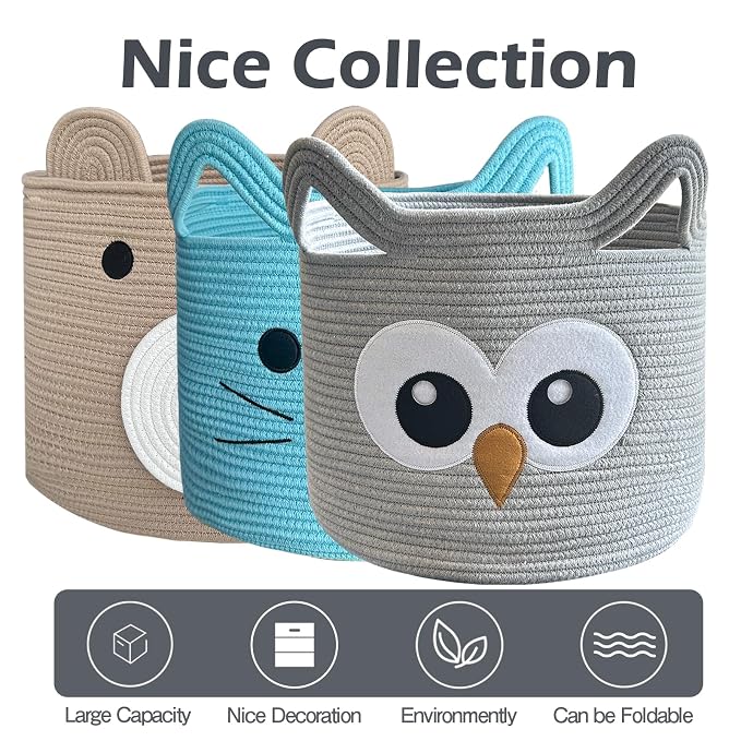 VK VK·LIVING Owl Storage Basket for Gift Foldable Cute Nursery Animal Toy Basket with Handles, Large Cotton Rope Baby Laundry Storage Organizer for Blanket Towels in Living Room Bedroom 15"Lx14"H
