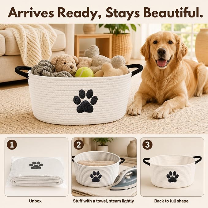 Dog Toy Basket with Handles, Cotton Rope Storage Bin Organizer for Pets | Holds toys, blankets, leashes & dog stuff. Machine washable, collapsible, free-standing woven bin with embroidered paw.