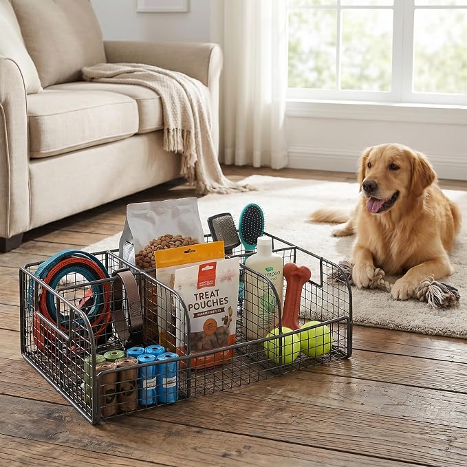 dog toy bin chew proof Large Metal Mesh DOG TOY basket with Compartments and Handle dogs toys bin dog food storage container box Countertop Pet Storage Organizer