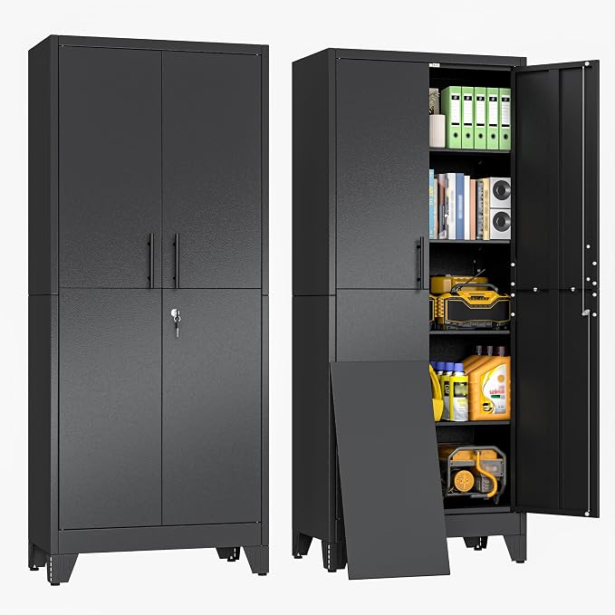 Tall Metal Storage Cabinet with Lock, 4 Adjustable Shelves, Steel Cabinet | Heavy-duty steel cabinet with lockable storage, adjustable shelves, adjustable feet for indoor use