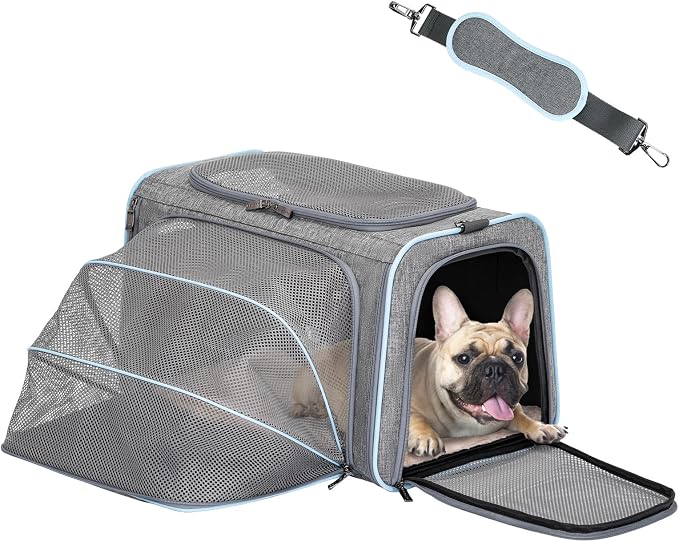 Petsfit Large Expandable Cat Carrier for Travel, Up to 18 lb | 19 x 12 x 12 in; roomy expandable space with a reinforced frame, locking zippers, interior safety tether and large pocket.