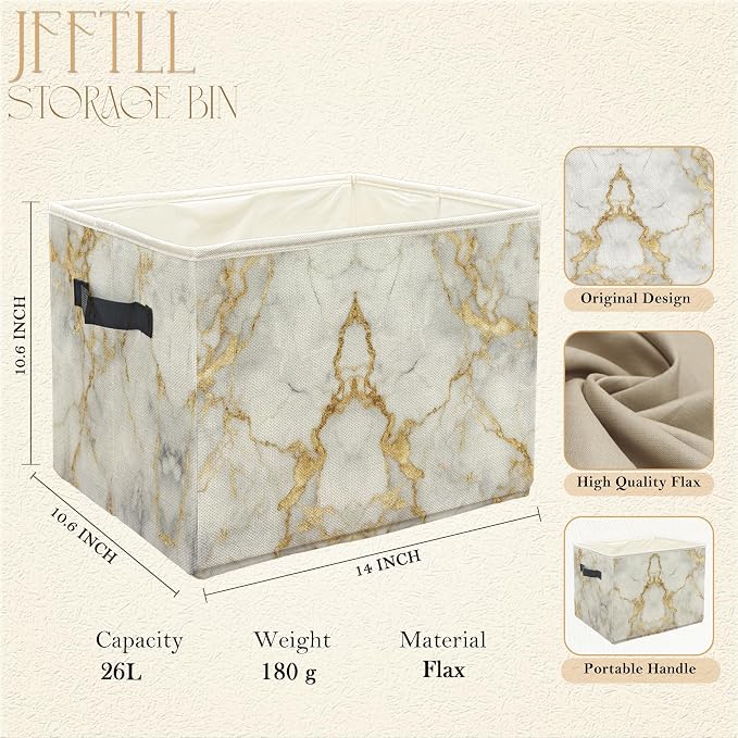 White Gold Marble Storage Bins with Handles, Modern Room Decor, Abstract White Marble Texture Collapsible Laundry Basket Storage Box for Home Bedroom Bathroom Clothes Toys Books
