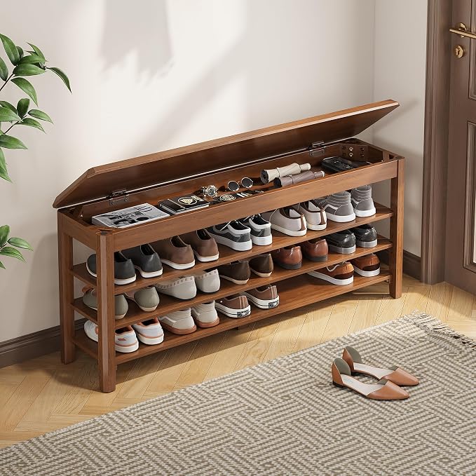 IUNVR Shoe Rack Bench Seat Rubberwood 3-Tier Wooden Storage Bench 550lbs Compact Mid-Century Modern Design for Entryway, Hallway, Closet, Front Door Entrance, Foyer