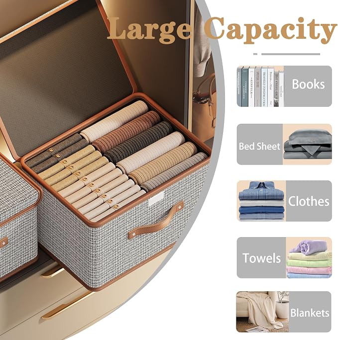 Tuza 4 Pack Storage Bins with Lids, Collapsible Closet Organizer Container, Fabric Organizer Box with Handles, Decorative Storage Boxes with Lids for Organizing Clothes, Books, Light Grey, Large
