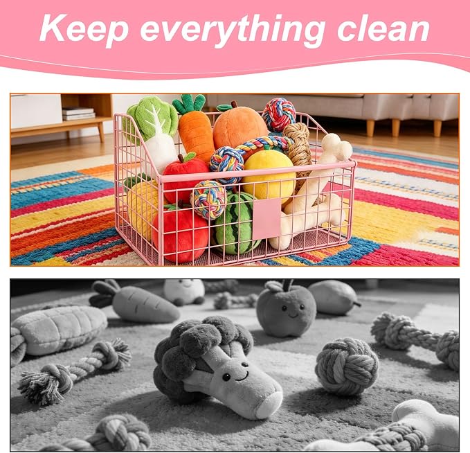 Penitue Indestructible Dog Toy Basket, 42.5x28x21.5cm/16.7x11x8.5in Metal Dog Toy Storage Bin Organizer for Living Room Area (Pink)