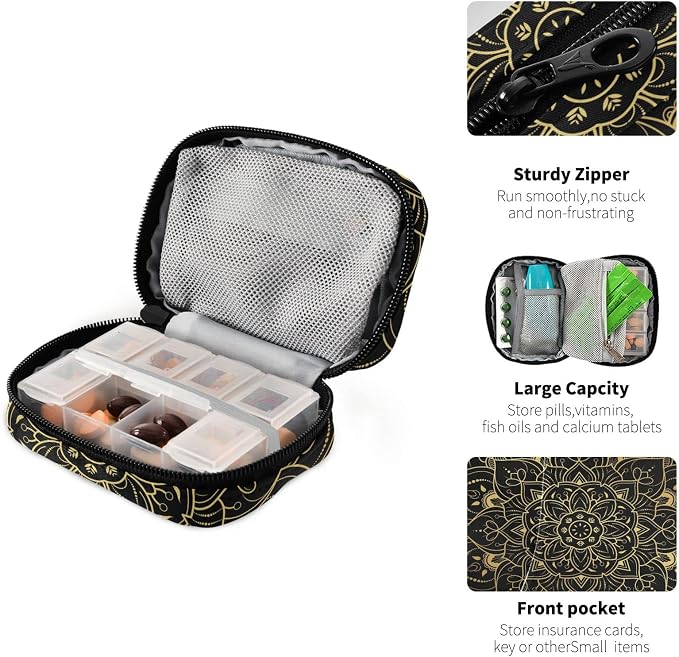 Vintage Floral Mandala Pill Case, Weekly Portable Pill Bag Container 7 Days Pill Box Organizer Vitamin Supplement Holder with Zipper for Travel Family Business