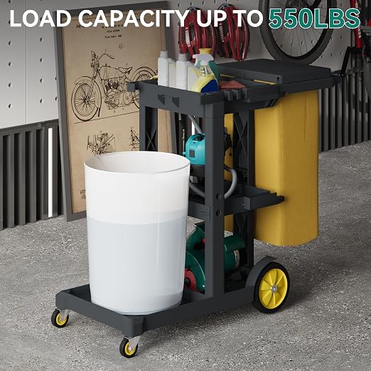 YITAHOME Black Housekeeping Carts, Janitorial Cleaning Cart on Wheels | 3-Shelf Commercial Traditional Plastic Janitor Cart with Lid & 2 Yellow 25 Gallon Vinyl Bag, Mop & Broom Holders