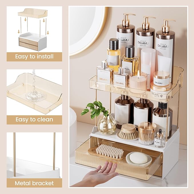 Delamu 4-Tier Makeup Organizer, Bathroom Counter Storage, 2 Drawers, Amber | Elegant Vanity Organizer Gift for Women, Holds Perfume, Skincare, Nail Polish & Hair Accessories for Bathroom Countertop