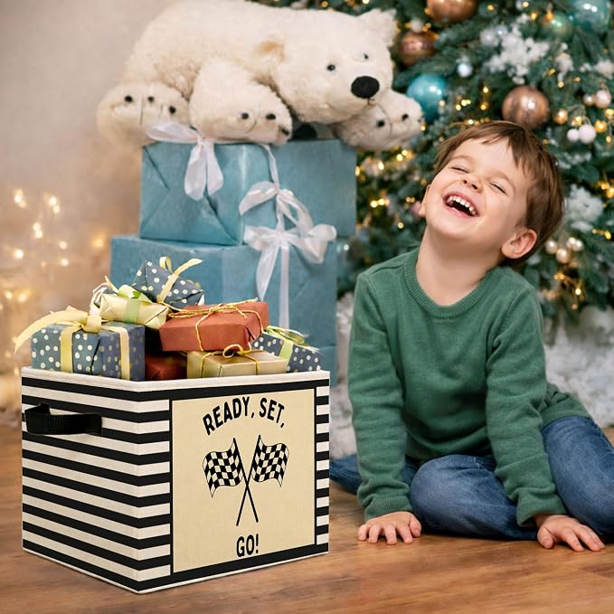 Racing Storage Bin, Checkered Flag Black White Stripe Fabric Basket | Foldable racing flag fabric organizer for nursery, bedroom, playroom, toys, books, and clothes