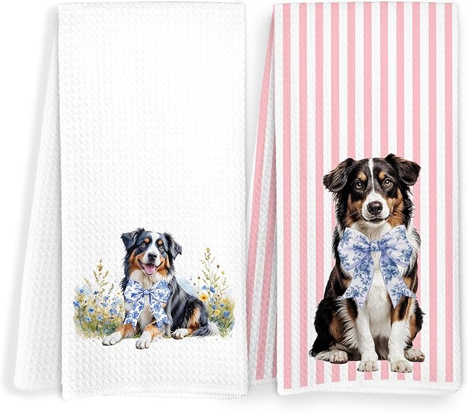 Australian Shepherd Gifts Kitchen Towels, Pink and White Chinoiserie Bow Aussie Dog Dish Tea Towels, Grandmillennial Floral Dog Decorative Hand Towel for Bathroom, 16x24 Inch Set of 2