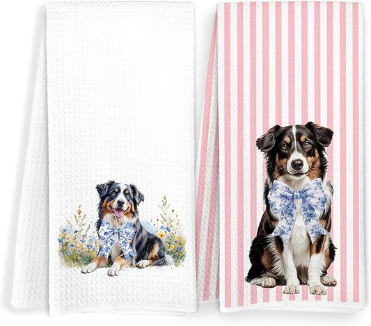 Australian Shepherd Gifts Kitchen Towels, Pink and White Chinoiserie Bow Aussie Dog Dish Tea Towels, Grandmillennial Floral Dog Decorative Hand Towel for Bathroom, 16x24 Inch Set of 2