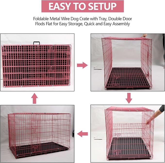 42 Inch Extra Large Dog Crate, Heavy Duty Dog Crates for Large Dogs, Metal Wire Folding Dog Cage with Removable Trays, Locks, Double-Door, Divider Panel, Handle, XL Dog Crate Pet Crate (42 in, Pink)