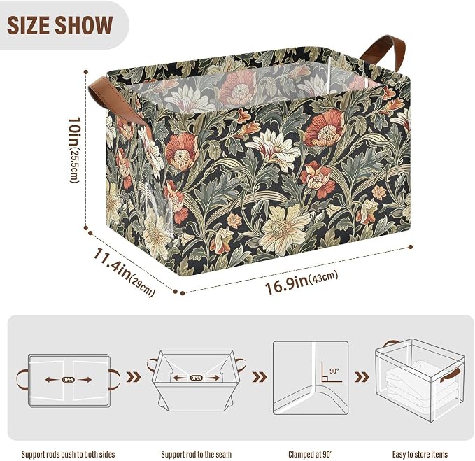 Cottagecore Sage Green Floral Green Black Storage Bins for Shelves with Labels&Handles Fabric Organizer Bin Foldable Storage Basket Boxes for Closet, Bathroom, Home, Living Room, 2 Pack