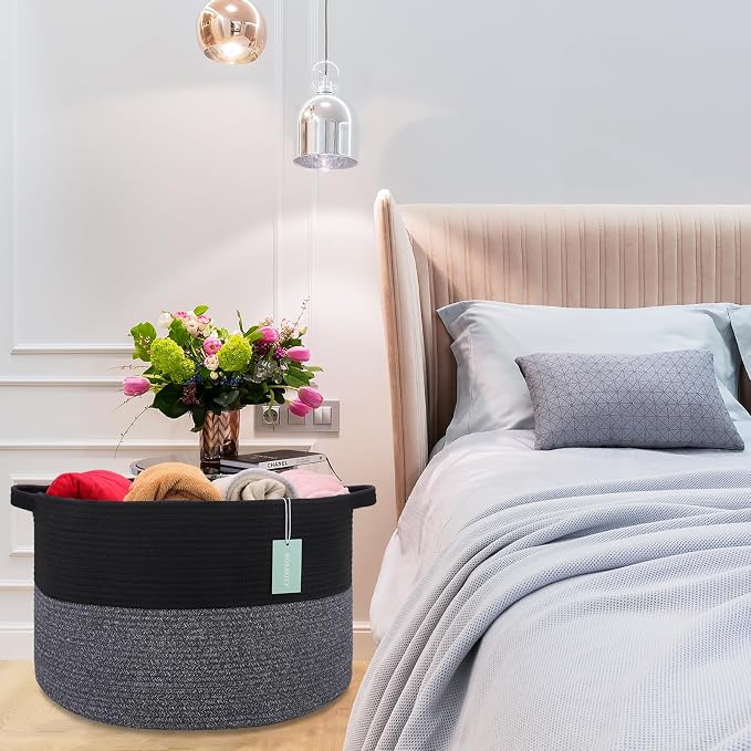 Large Cotton Rope Blanket Basket, 87L Laundry Hamper, Black & Gray