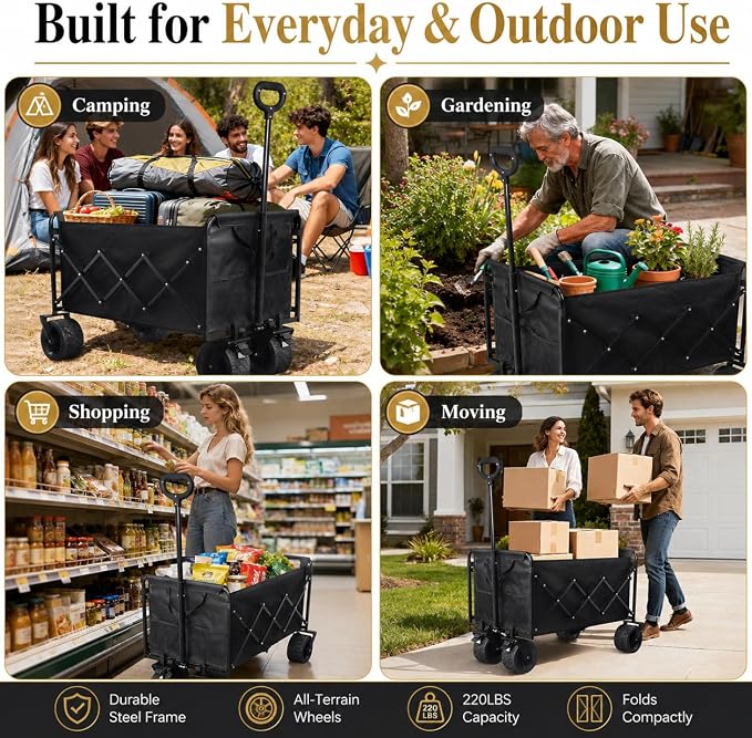 Wagons Carts Foldable Heavy Duty, 600 lb Tank Wheel Wagon with Brakes | Tank wheel utility wagon for groceries, beach, camping, garden and moving; 220L storage, all-terrain wheels and dual brakes