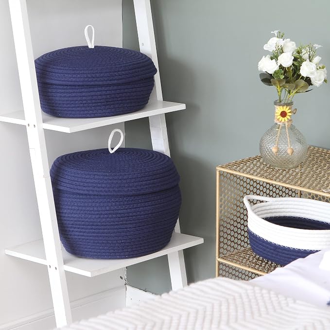 Sea Team Round Woven Cotton Rope Storage Basket with Lid, Navy | Lidded Knitted Decorative Storage Bin, Pot, Caddy, Organizer, Container for Snacks, Towels, Plants, 13 x 5.5 Inches